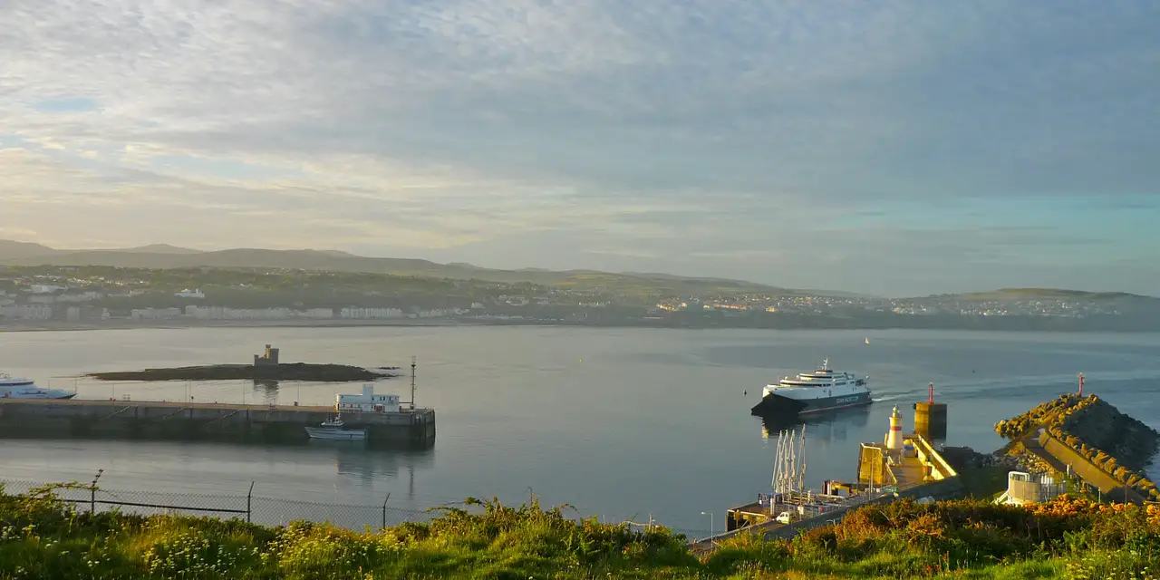Douglas Bay and harbour on the Isle of Man, with the ferry arriving